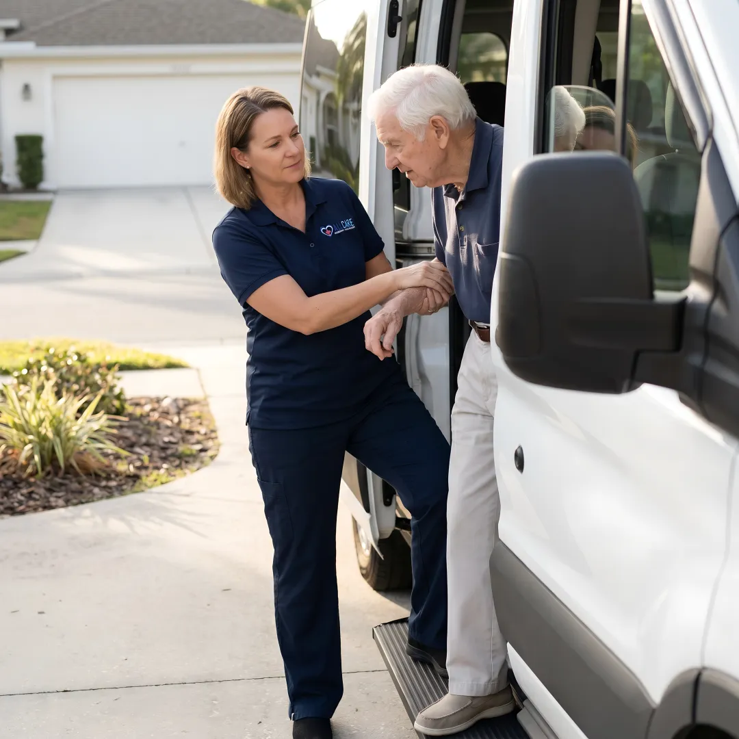 Elderly patient smiling with caring medical transport staff member