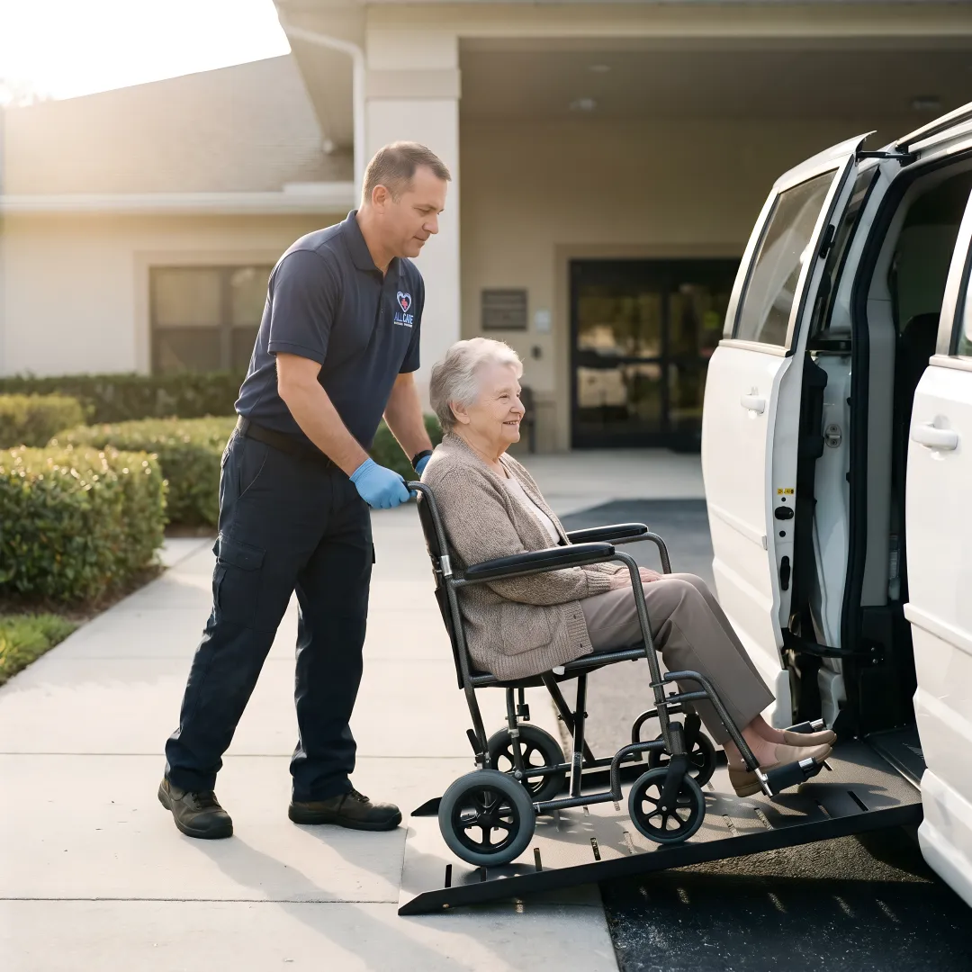 Transport specialist assisting elderly passenger into wheelchair van