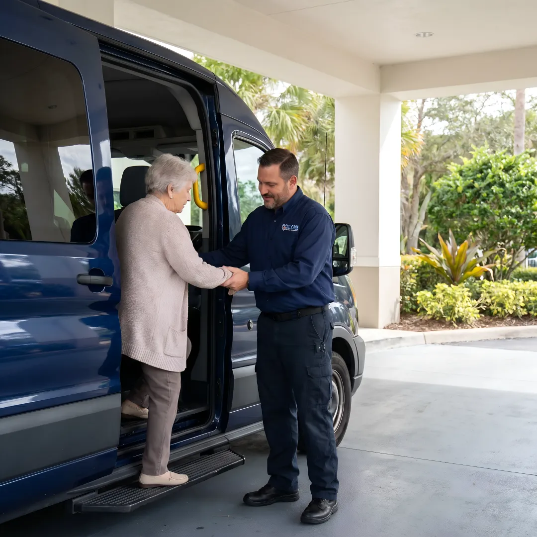 Caring medical transport specialist assisting elderly patient