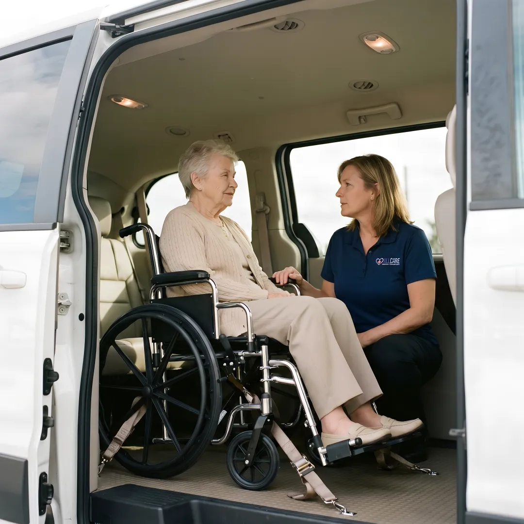 Senior woman smiling comfortably in wheelchair inside clean medical transport vehicle
