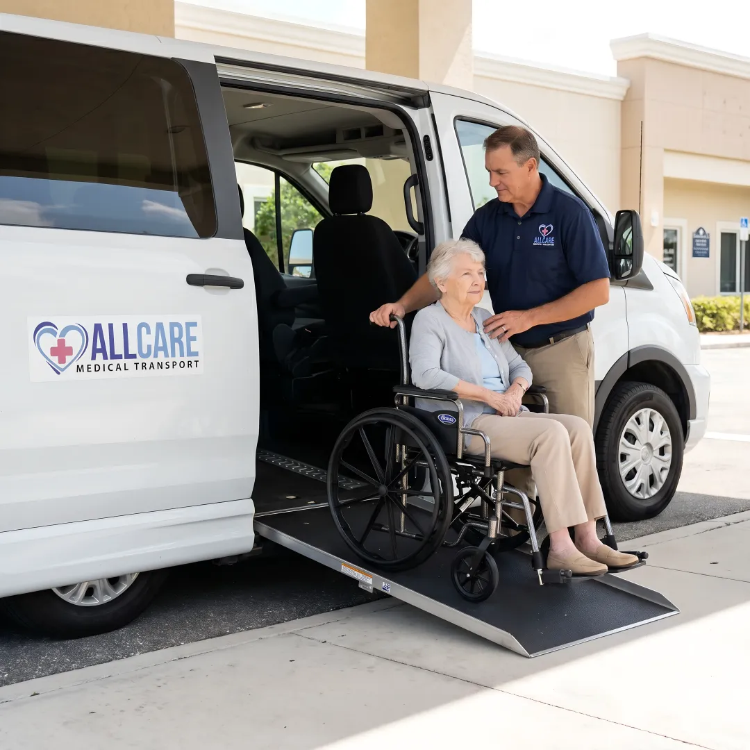 Caring medical transport specialist assisting elderly patient into wheelchair-accessible vehicle
