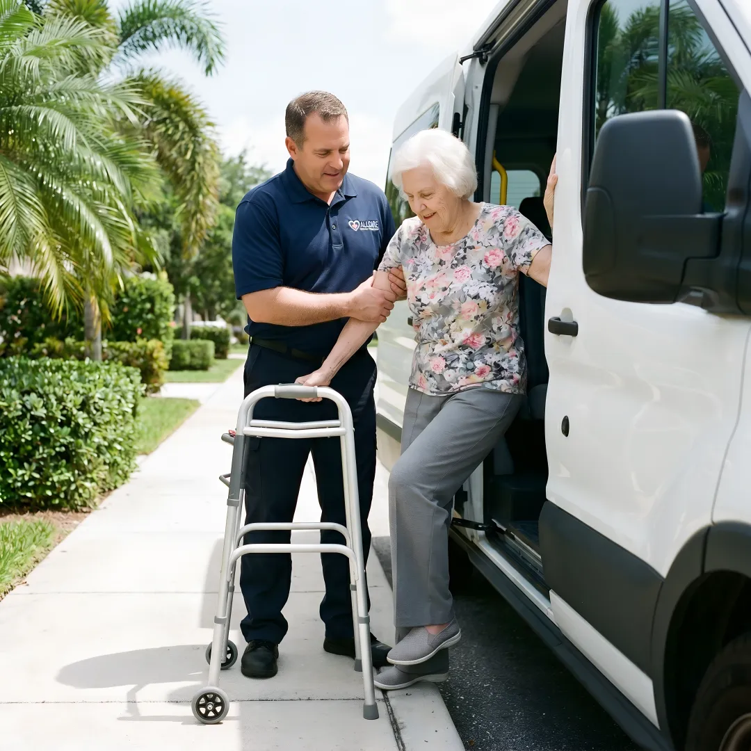 Senior care professional assisting elderly patient with medical transport