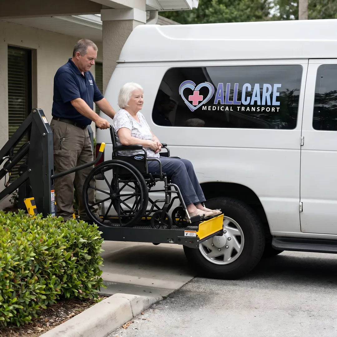 Caring medical transport specialist assisting elderly patient into wheelchair van