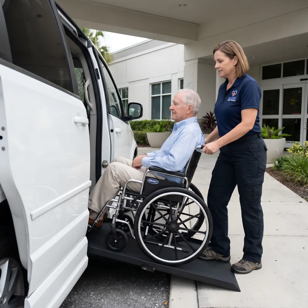 Medical transport specialist assisting elderly patient into wheelchair transport vehicle