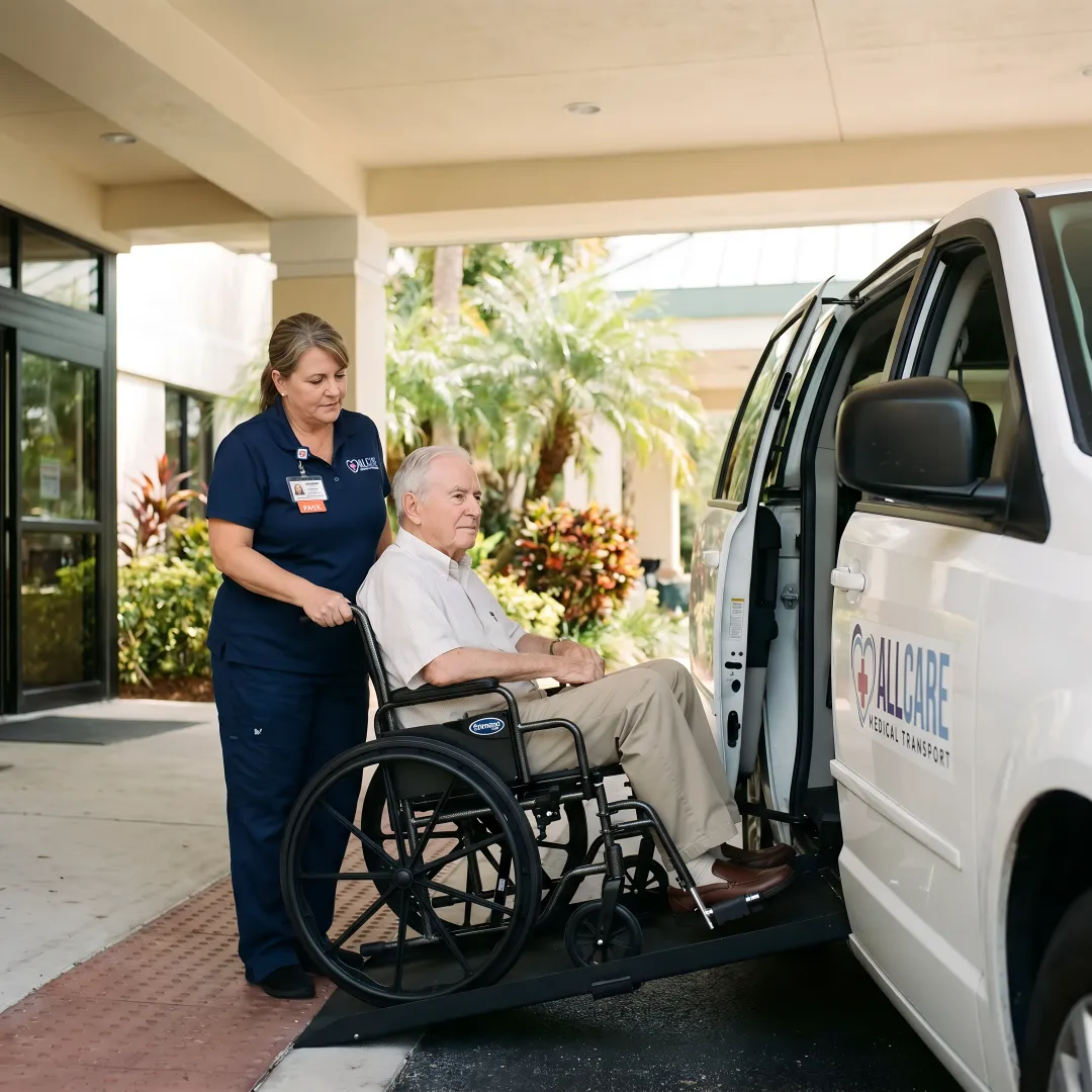 Certified medical transport specialist assisting elderly passenger
