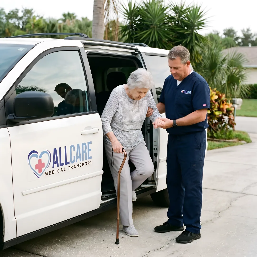 Senior woman smiling while being assisted by professional medical transport driver