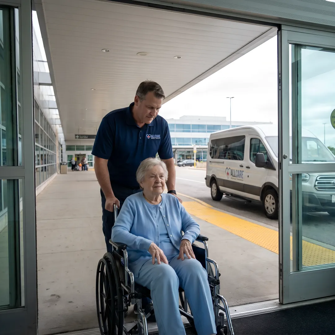Certified medical transport specialist assisting elderly passenger from wheelchair into airport terminal