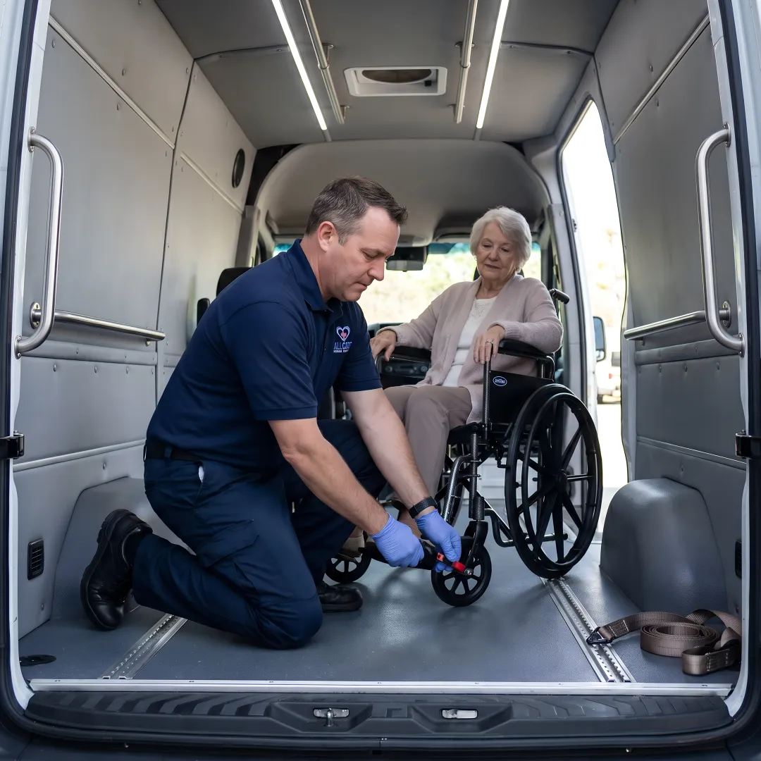 Caring medical transport driver assisting elderly patient with wheelchair