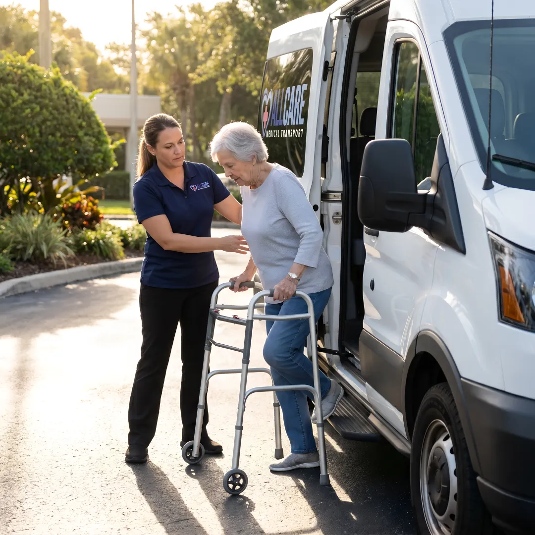 Caring transport specialist helping elderly woman with walker