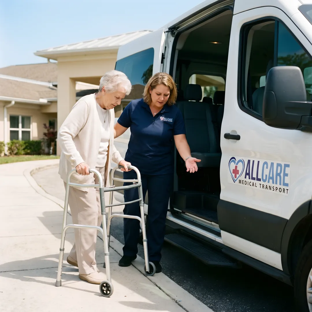 Caring transport specialist helping elderly woman into medical transport vehicle
