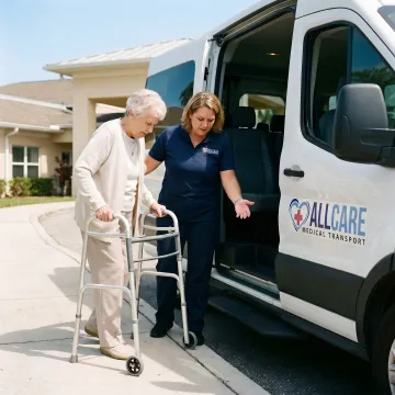 Caring transport specialist helping elderly woman into medical transport vehicle