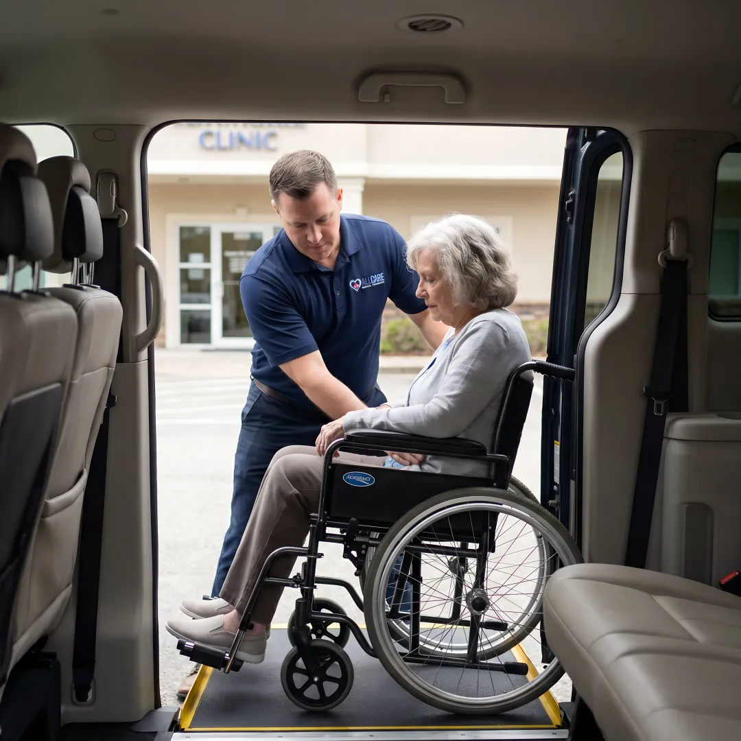 Medical transport specialist assisting elderly patient into wheelchair van