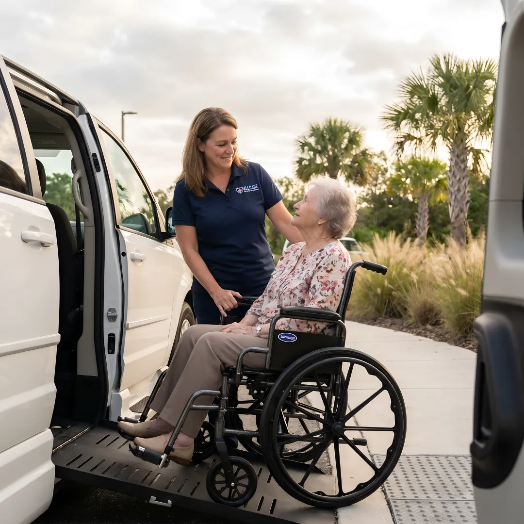 Caring transport specialist assisting senior patient into wheelchair van
