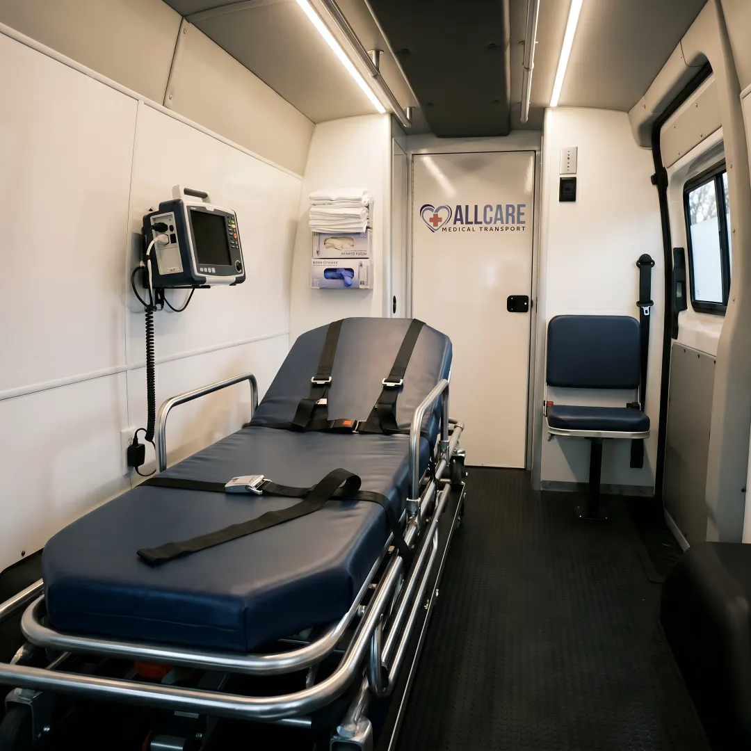 Comfortable medical stretcher inside a climate-controlled transport vehicle with safety equipment