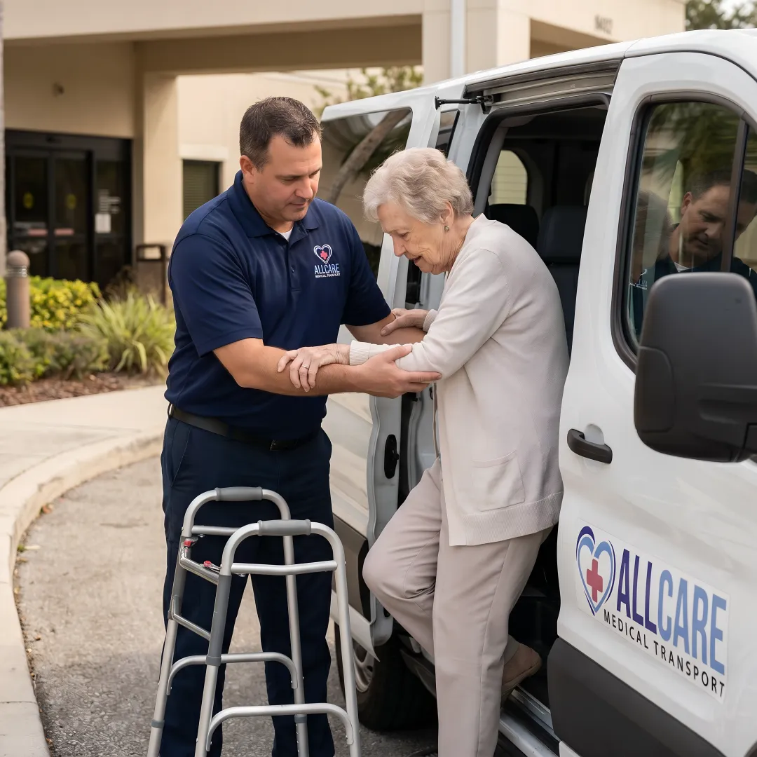 Caring medical transport driver assisting elderly woman with walker