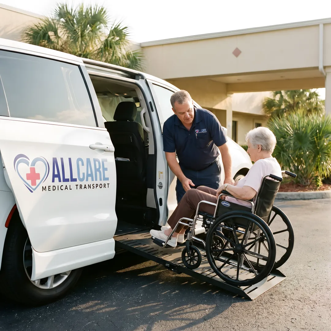 Medical transport specialist assisting elderly passenger into accessible vehicle