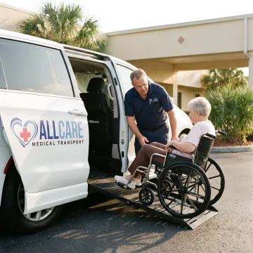 Medical transport specialist assisting elderly passenger into accessible vehicle