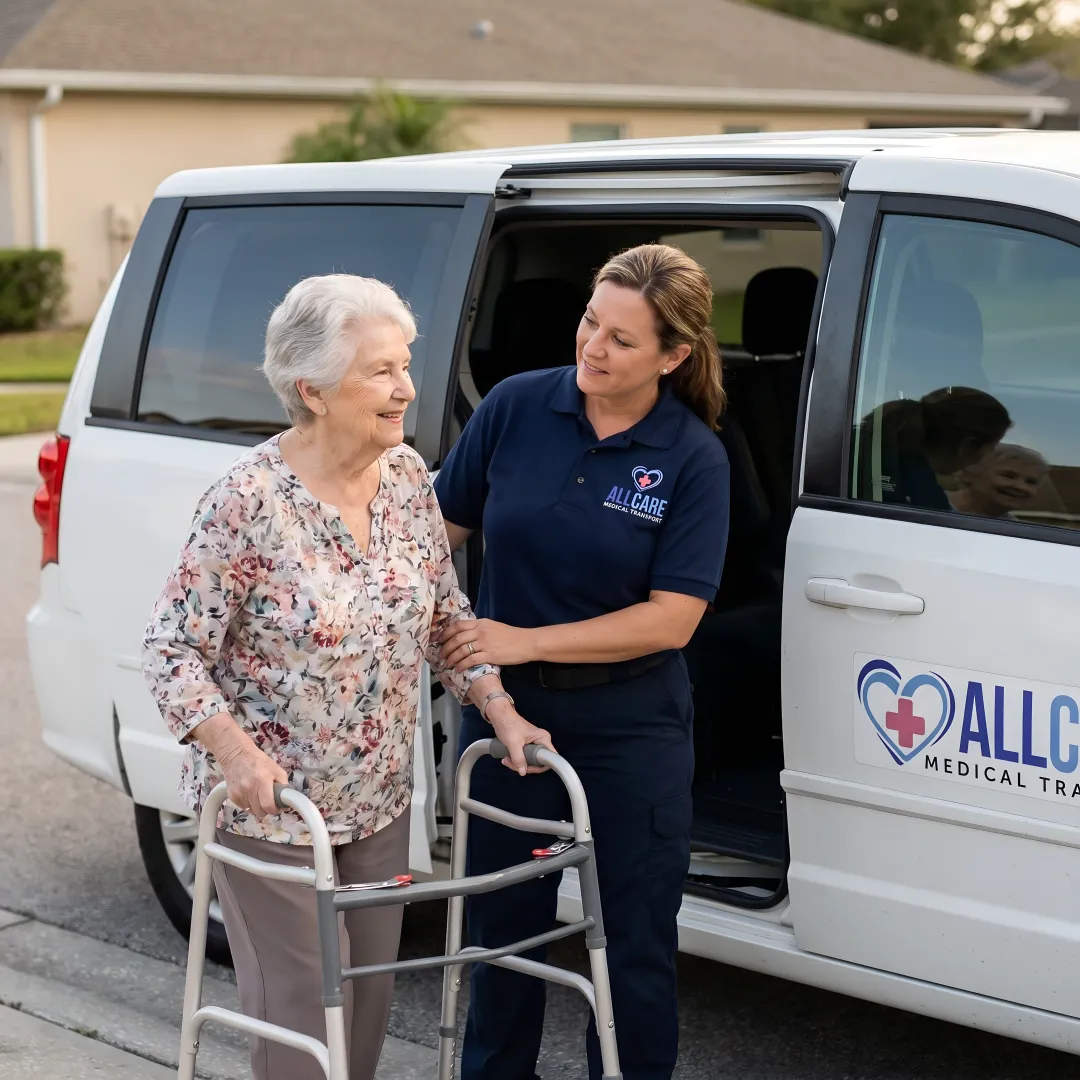 Caring medical transport specialist assisting elderly woman