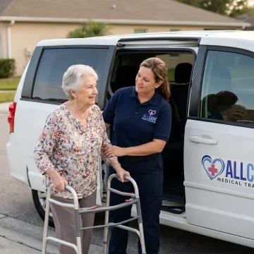 Caring medical transport specialist assisting elderly woman