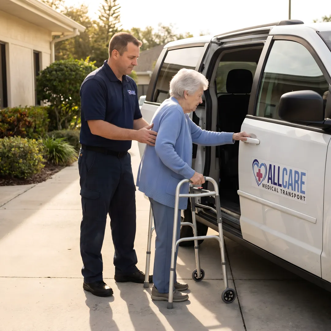 Compassionate medical transport specialist assisting elderly woman into wheelchair van