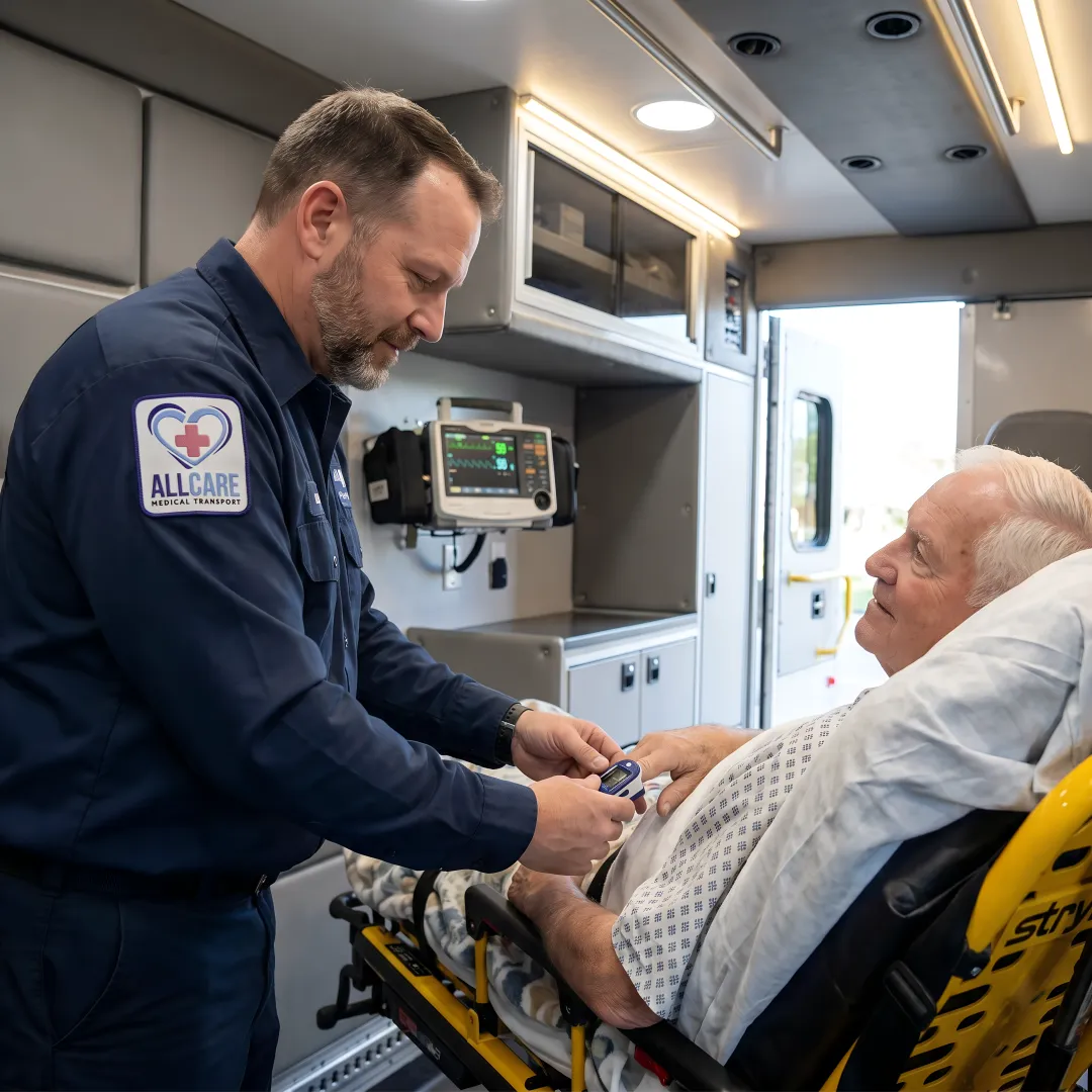 Medical transport specialist assisting patient on stretcher with caring attention and professional medical equipment