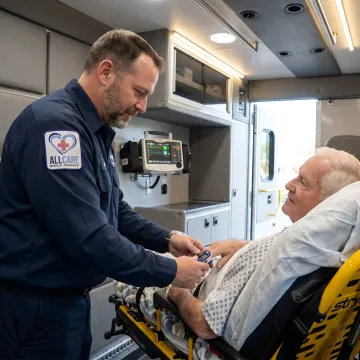Medical transport specialist assisting patient on stretcher with caring attention and professional medical equipment