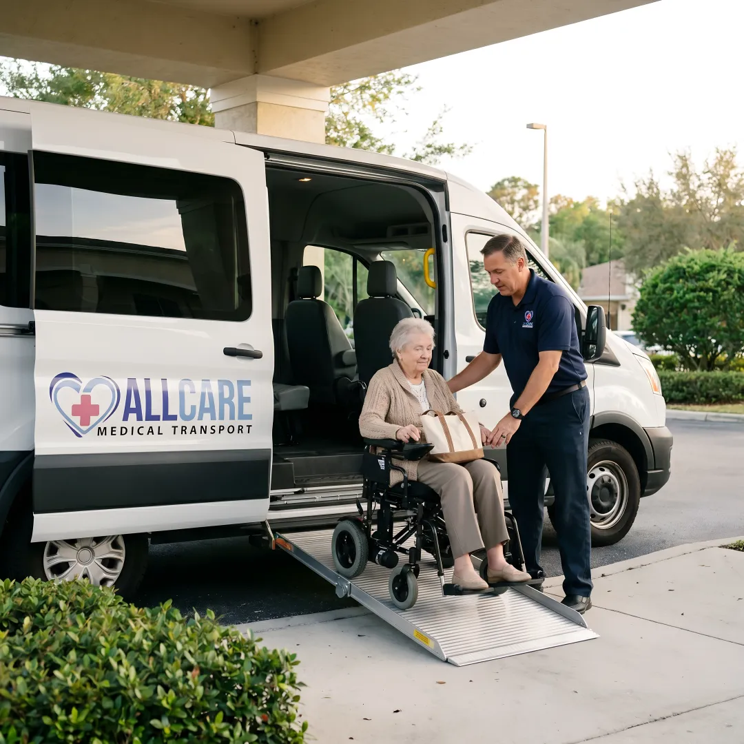 Professional medical transport van assisting elderly passenger