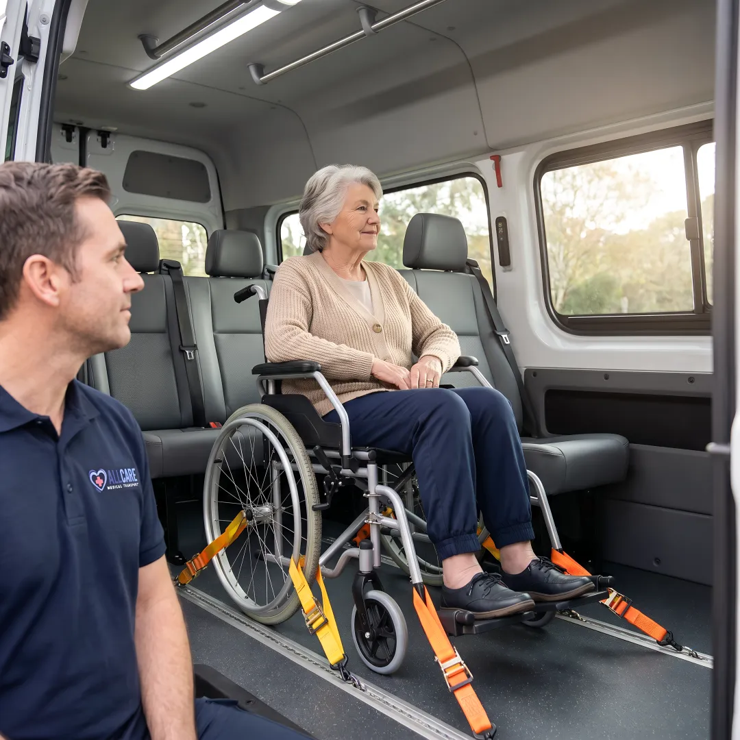 Elderly passenger relaxing comfortably inside wheelchair-accessible medical transport van
