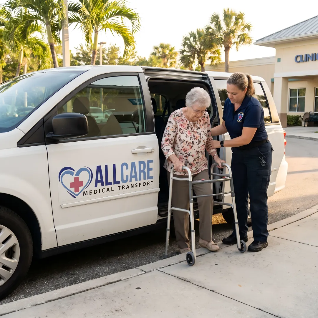 Friendly transport specialist assisting elderly woman with walker