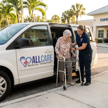 Friendly transport specialist assisting elderly woman with walker