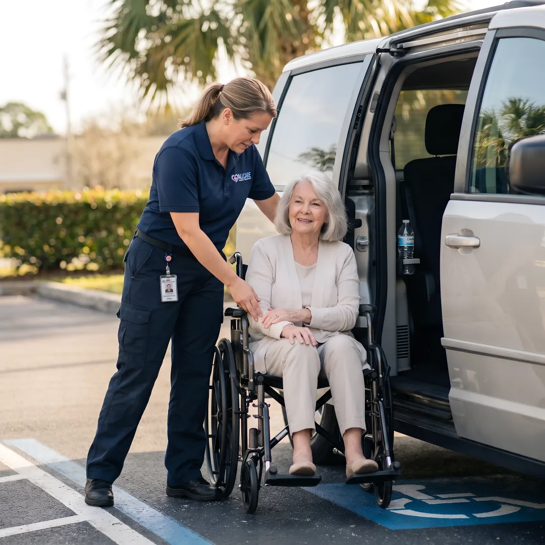 Caring medical transport team member helping elderly woman with wheelchair into modern accessible van