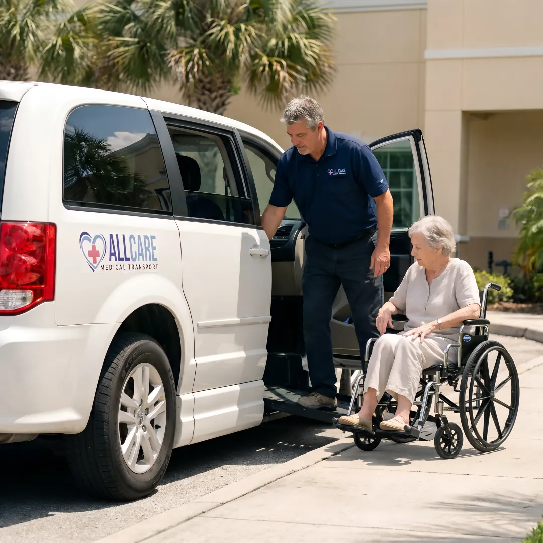 Professional medical transport specialist assisting elderly passenger in wheelchair into accessible vehicle