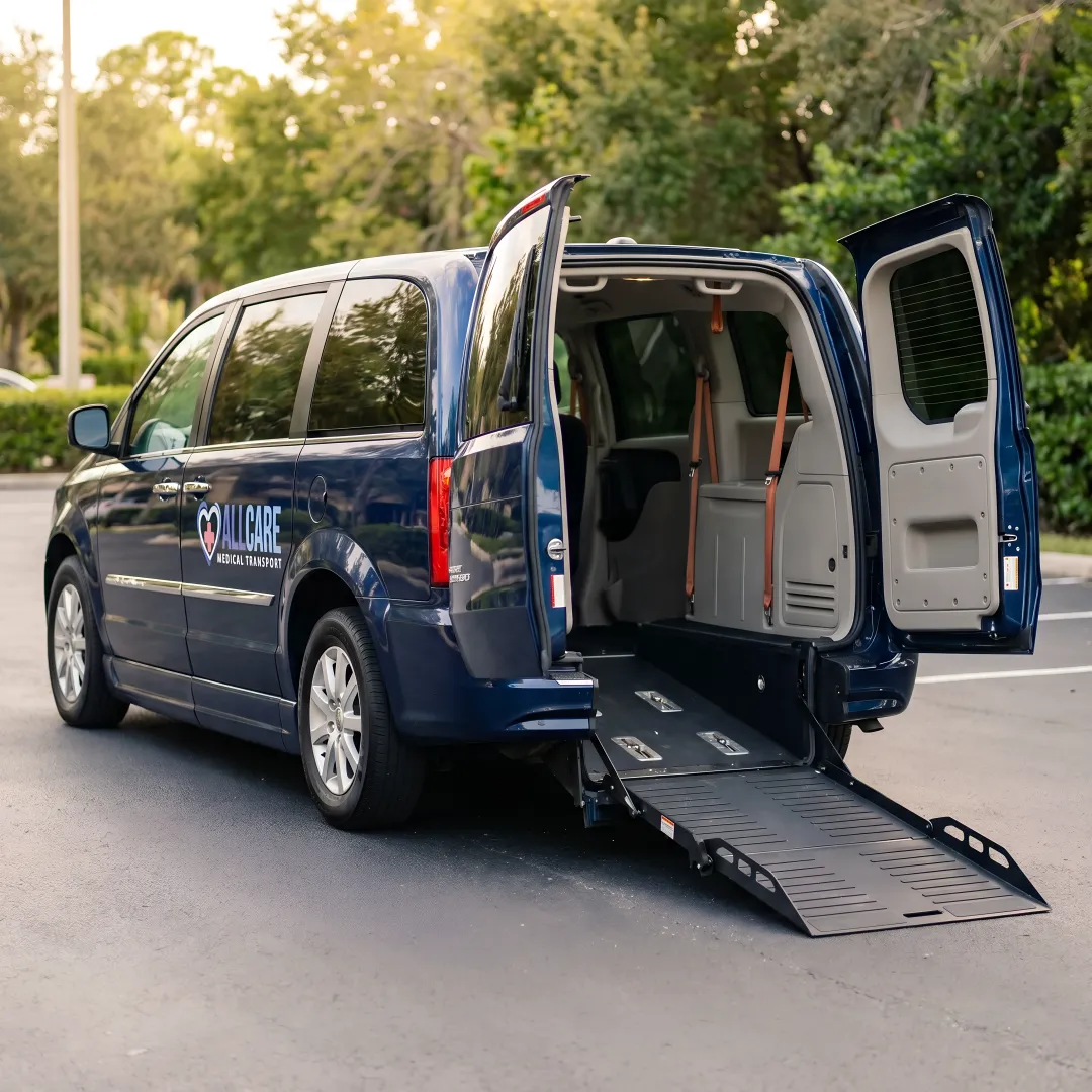 Modern wheelchair-accessible medical transport van with secure lift and restraint system