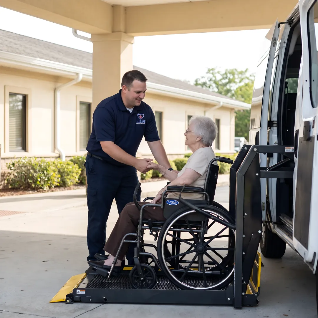 Caring medical transport specialist assisting elderly patient into wheelchair-accessible vehicle