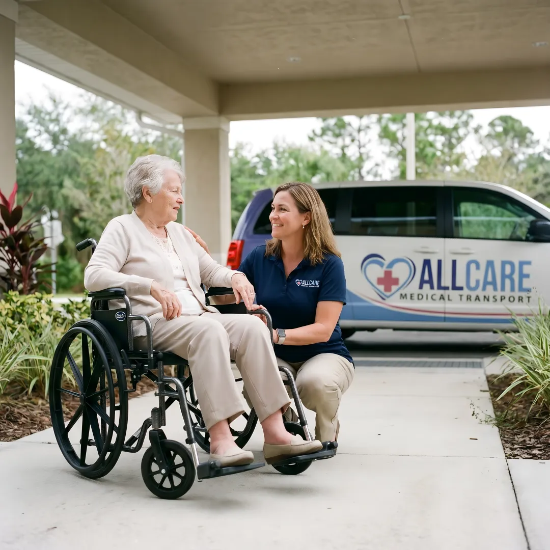 Compassionate medical transport specialist helping senior patient in wheelchair