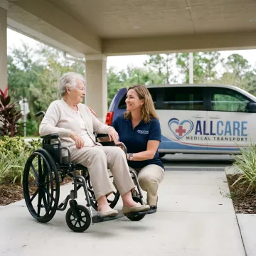 Compassionate medical transport specialist helping senior patient in wheelchair