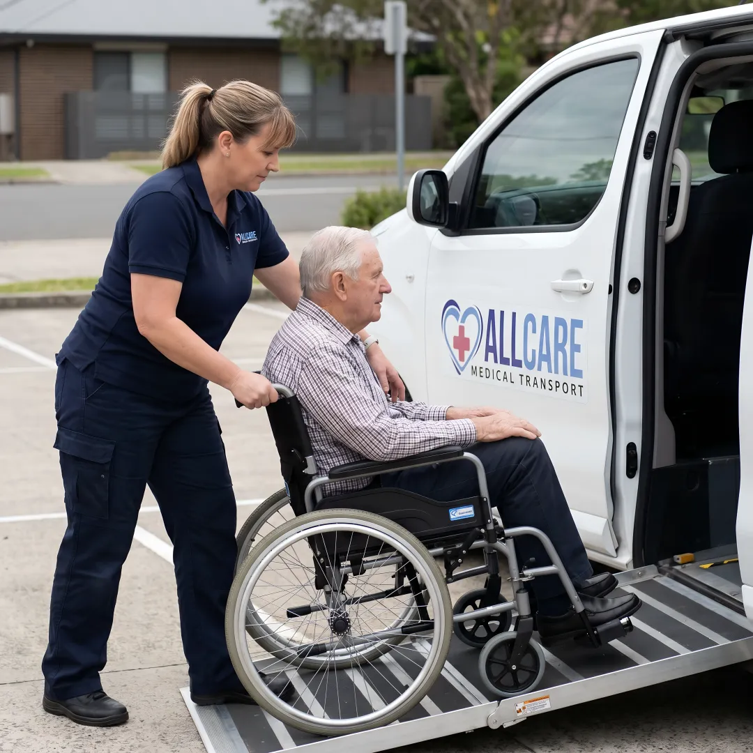 Medical transport specialist assisting patient from wheelchair into vehicle