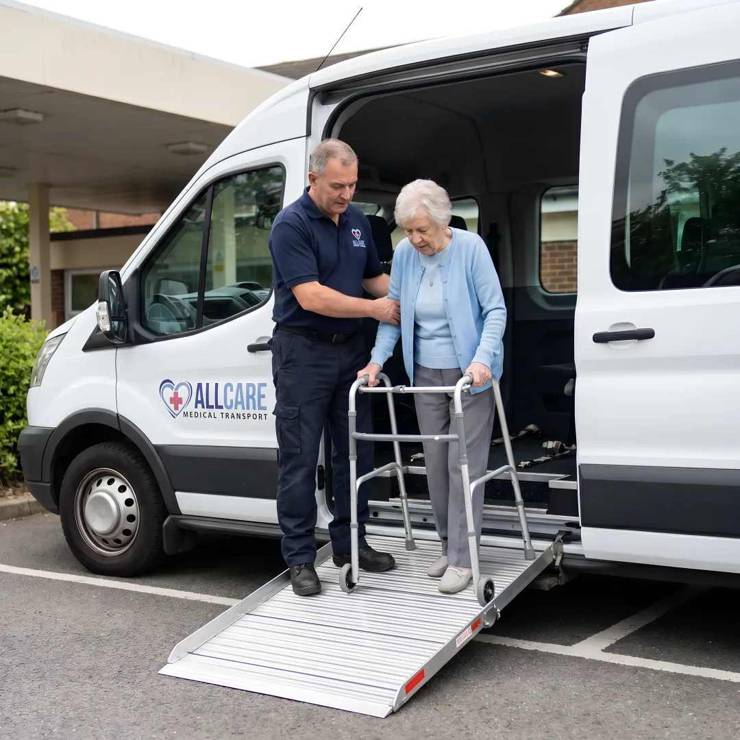 Compassionate medical transport driver assisting senior patient into accessible vehicle