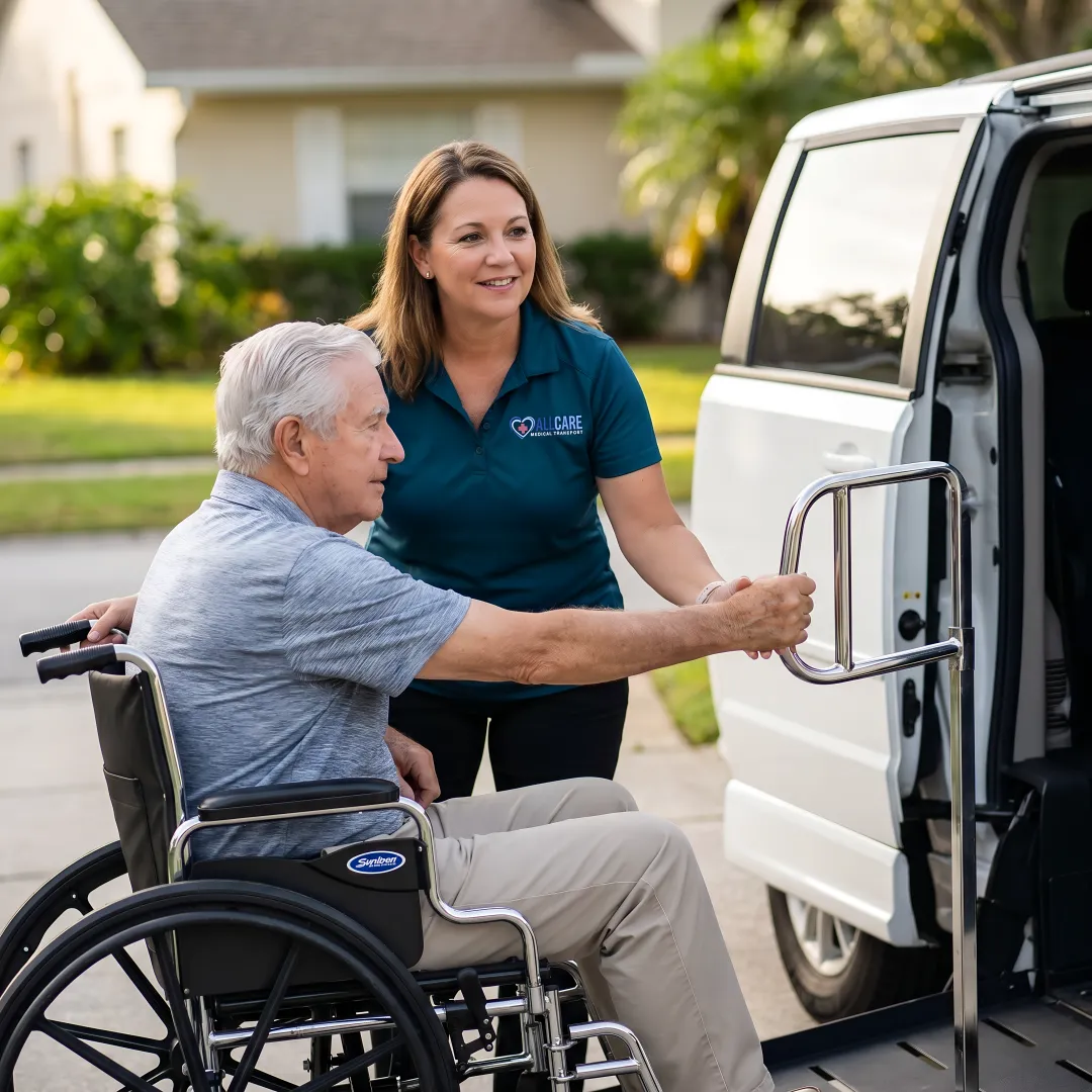 Medical transport specialist assisting elderly patient into vehicle