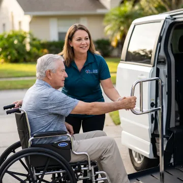 Medical transport specialist assisting elderly patient into vehicle