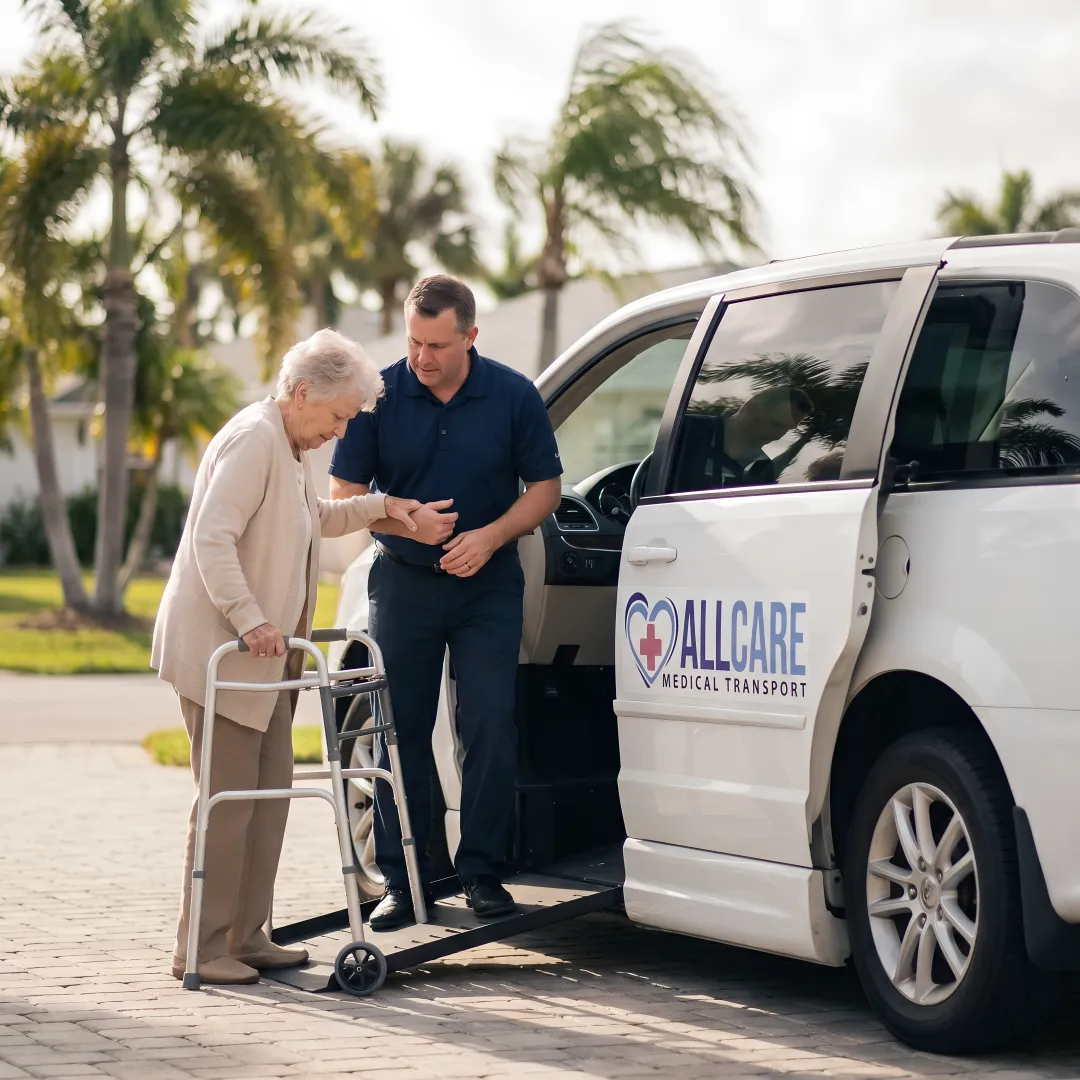 Caring driver helping senior citizen into accessible transport vehicle