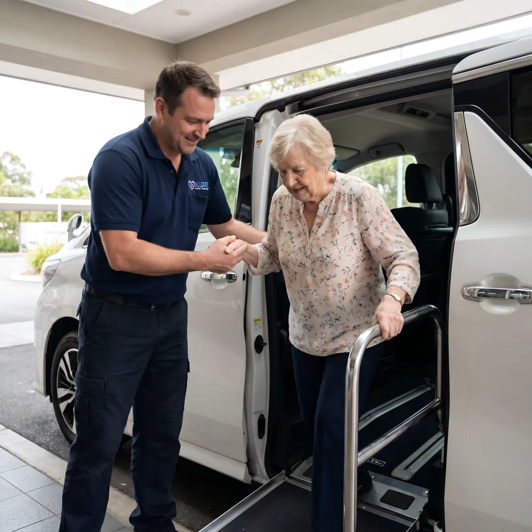 Caring transport specialist helping elderly patient into wheelchair accessible van