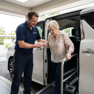 Caring transport specialist helping elderly patient into wheelchair accessible van