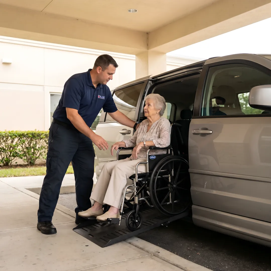 Caring medical transport specialist assisting elderly patient into wheelchair van