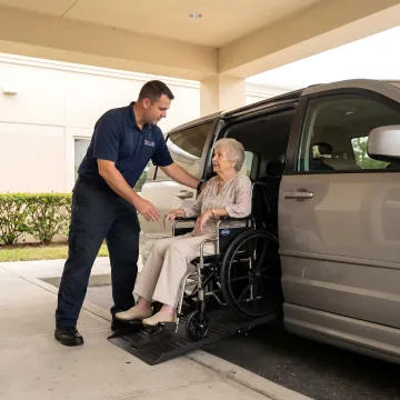 Caring medical transport specialist assisting elderly patient into wheelchair van
