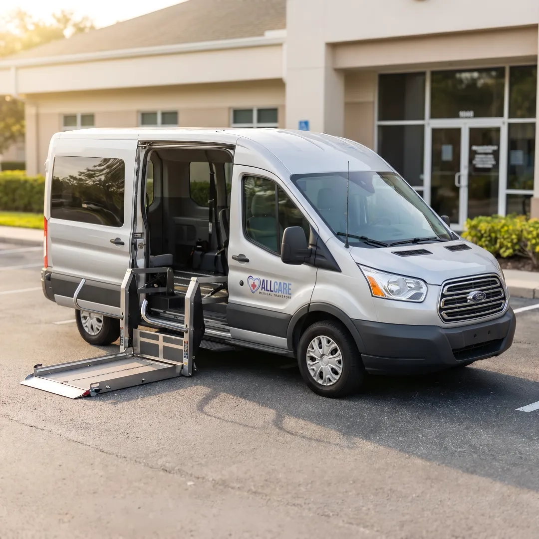 Comfortable wheelchair-accessible medical transport vehicle with hydraulic lift system