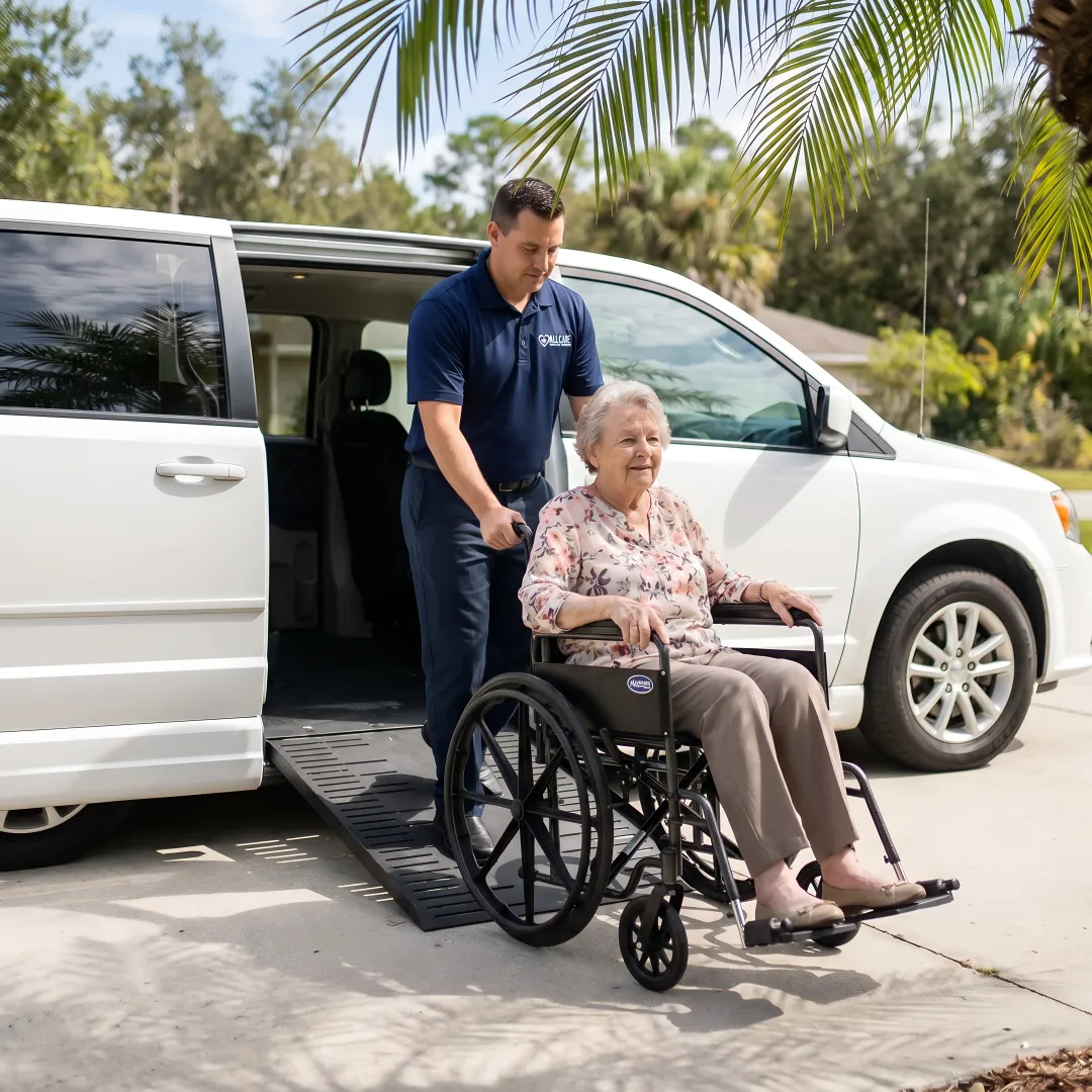 Caring medical transport specialist assisting elderly passenger in wheelchair