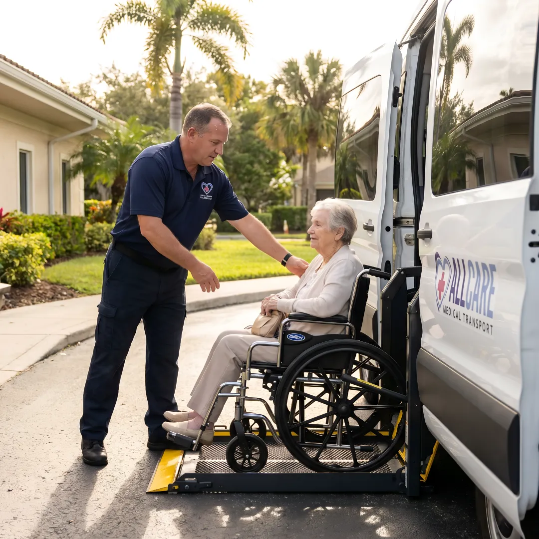 Modern wheelchair-accessible medical transport van with senior passengers