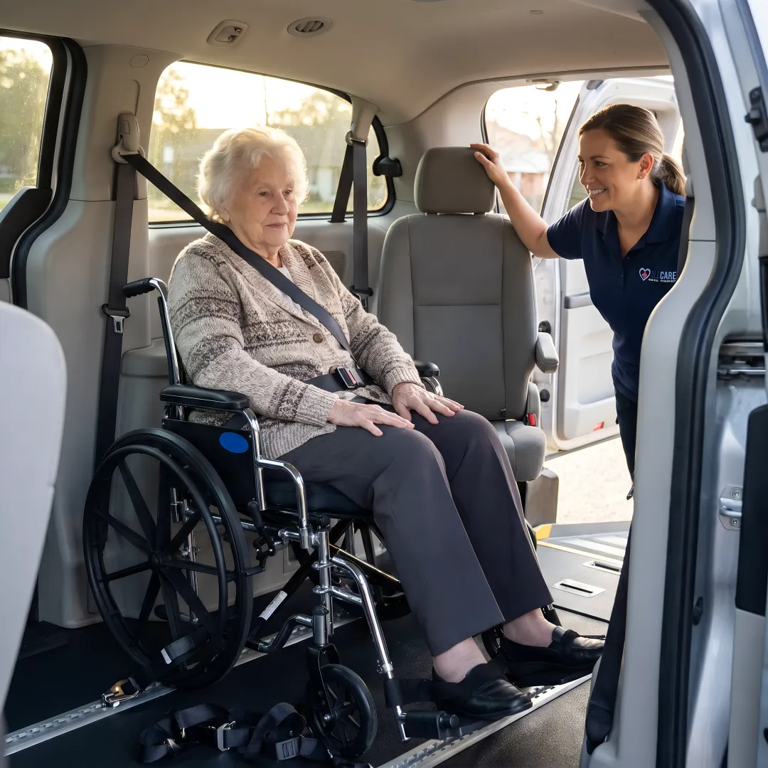 Senior patient smiling comfortably inside wheelchair-accessible medical transport vehicle