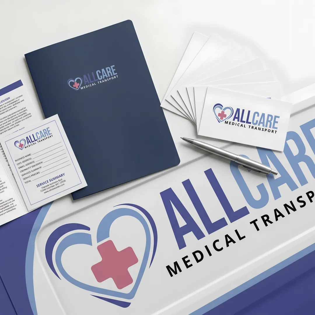 Healthcare branding materials including business cards and vehicle wraps for medical transport company